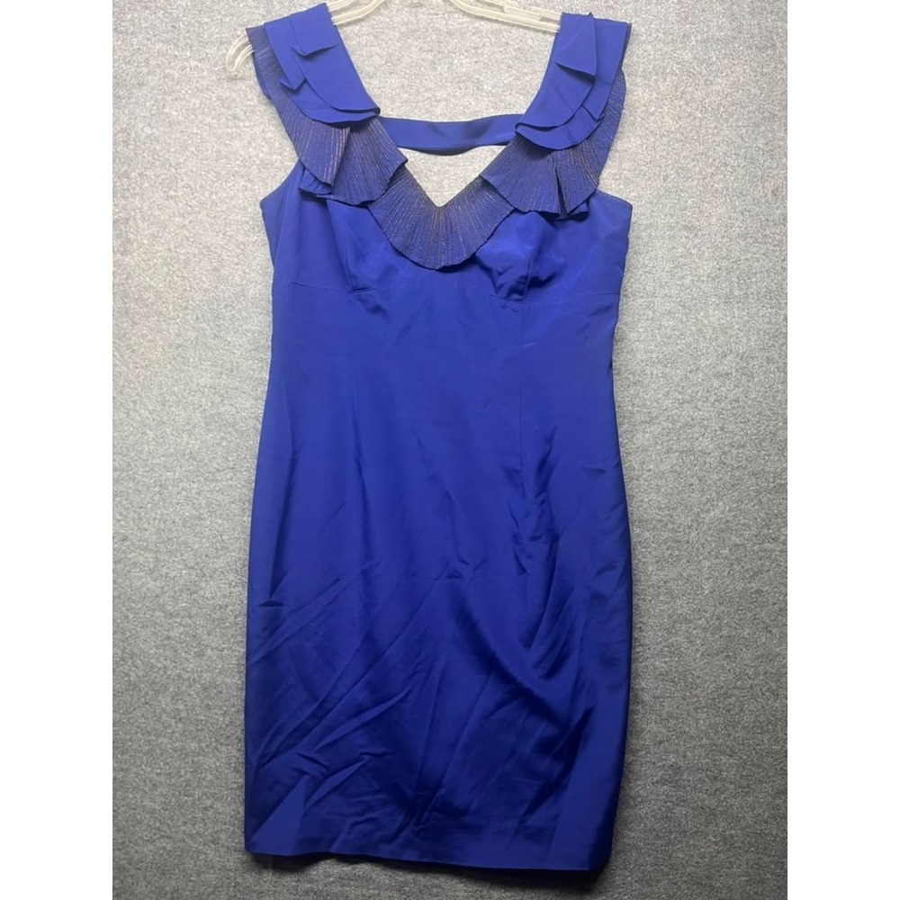 Karen Millen England Blue Silk Blend Ruffle Collar Sleeveless Sheath Dress UK 14
